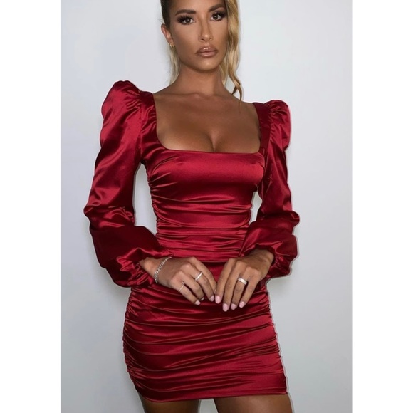 Oh Polly Ruched Puff Sleeve Satin Mini 
